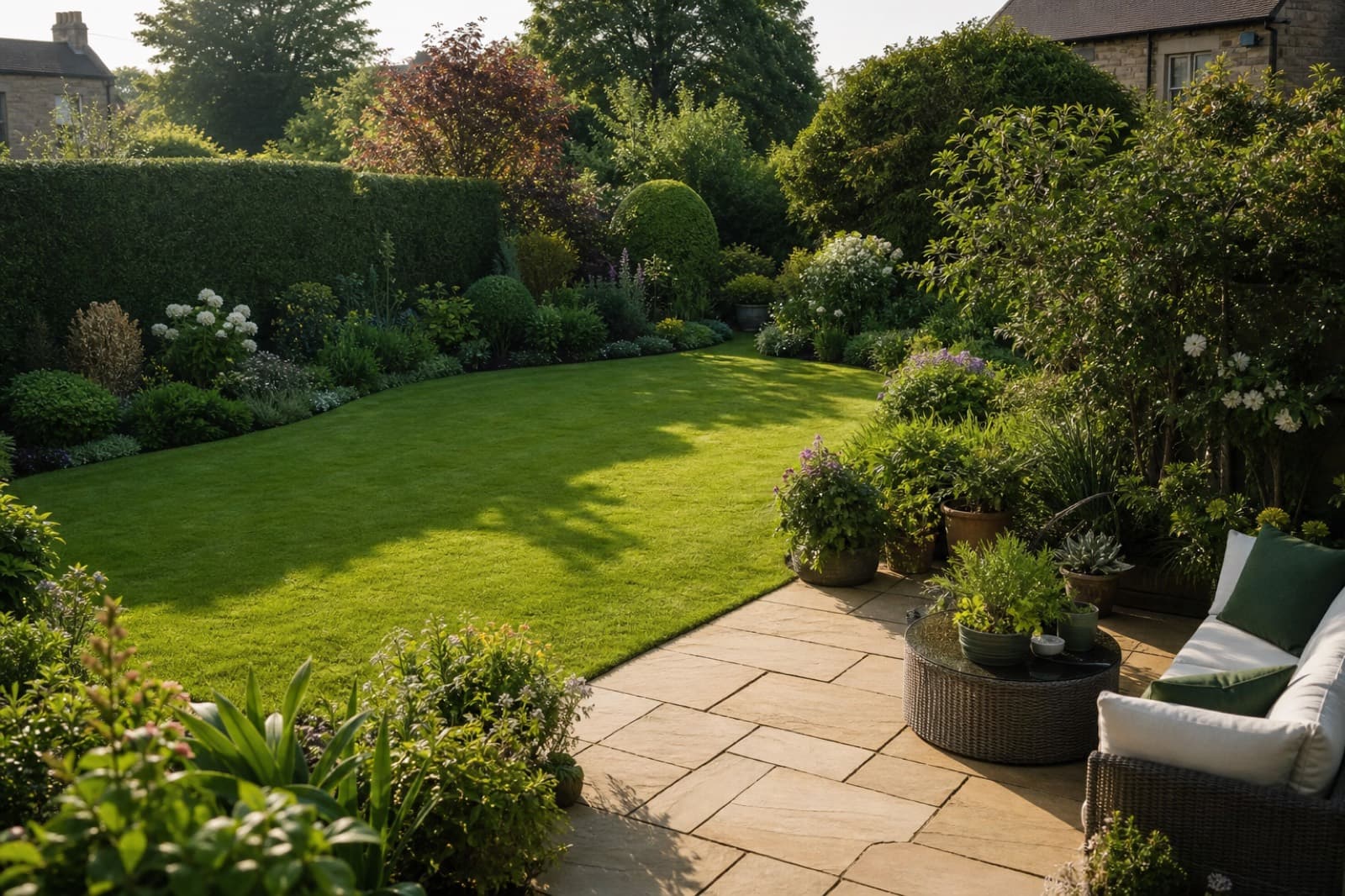 Well-maintained Yorkshire garden with green lawn and flower borders